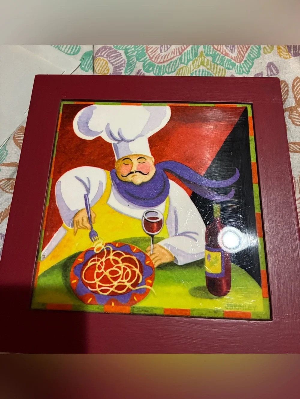 Jennifer Brinkley Wall Plaque or Trivet. Solid Red Wood Frame & Painted Tile. EC